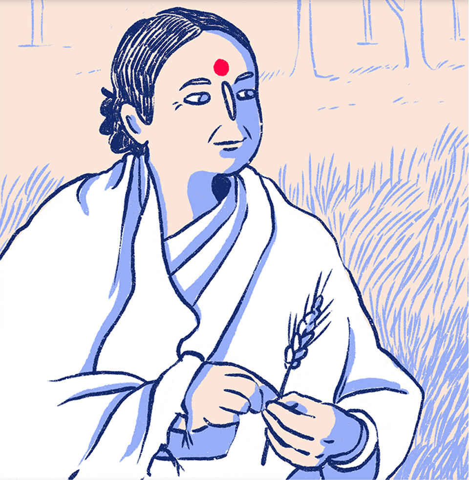 Illustration numérique de Vandana Shiva tenant un brin de blé dans ses mains